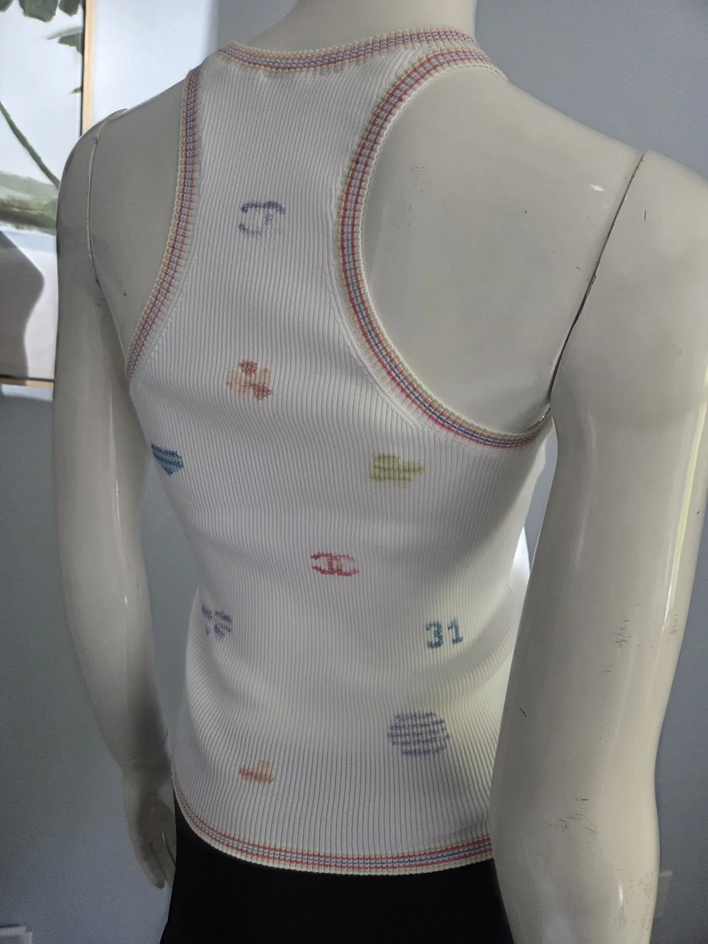 Chanel White Ribbed Logo Tank Top — Multicolor Motif